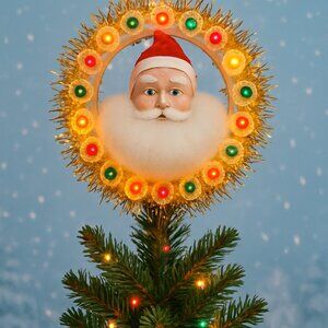 Vintage Santa Face Lighted Tree Topper 30 Lights Yule Co ACLA 3 Way Flash